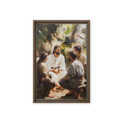 Religious art showing a teaching scene in nature, framed canvas print titled Words of Jesus in warm earthy tones