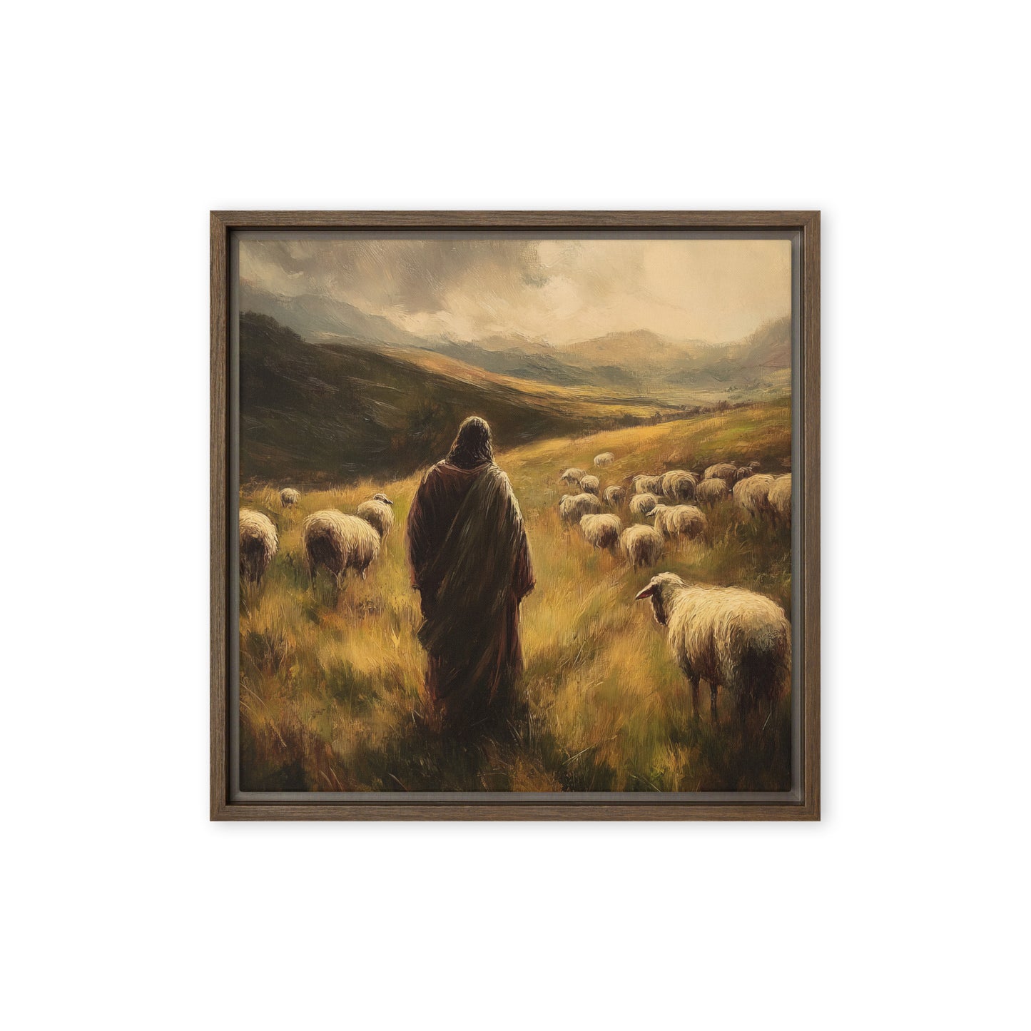 Jesus and His Herd - Framed Canvas Print    Unframed Canvas / 8″×10″-Unframed Canvas / 9″×12″-Unframed Canvas / 11″×14″-Unframed Canvas / 12″×12″-Unframed Canvas / 12″×16″-Unframed Canvas / 12″×18″-Unframed Canvas / 16″×16″-Unframed Canvas / 16″×20″-Unframed Canvas / 18″×24″-Unframed Canvas / 20″×28″ 