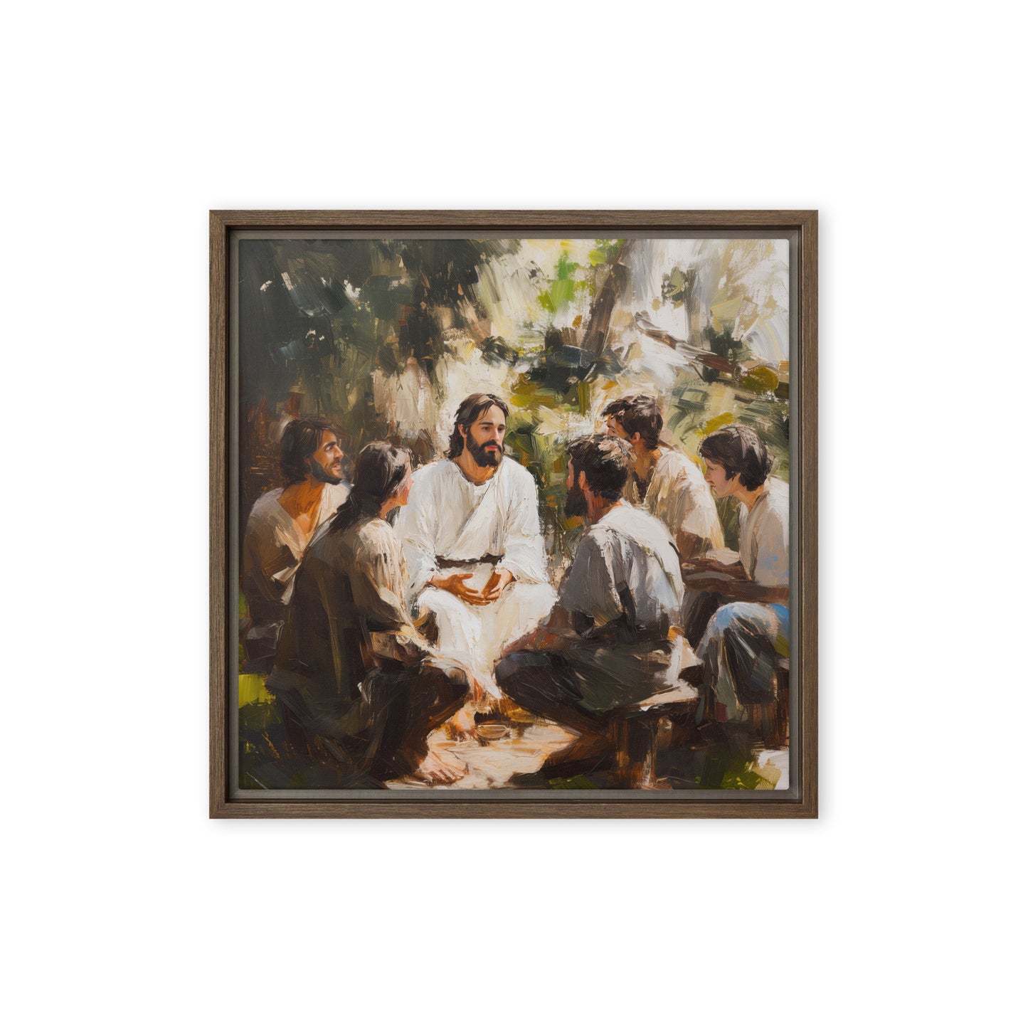 Words of Jesus framed canvas print showing a gathering of people seated outdoors in natural lighting with peaceful expressions