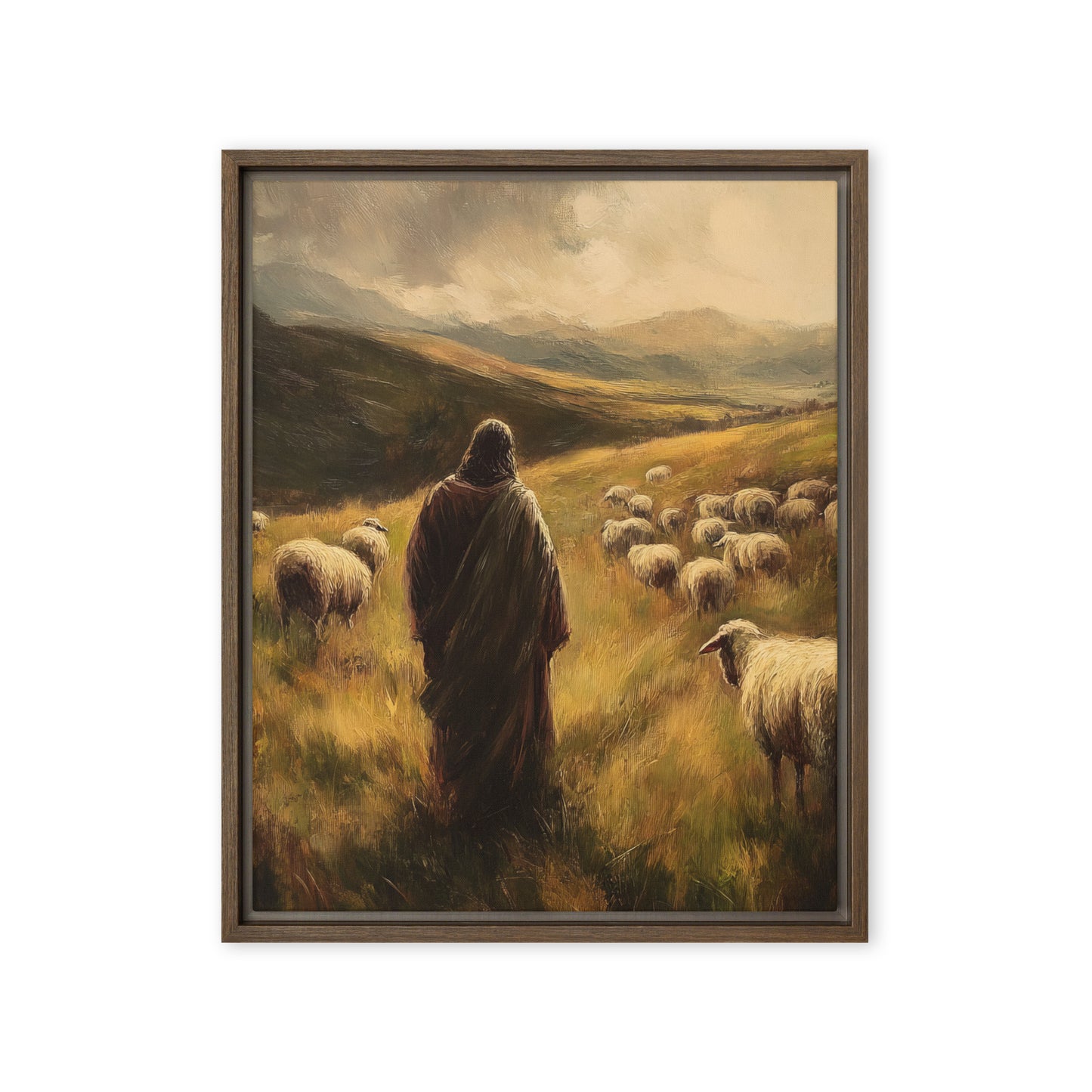 Jesus and His Herd - Framed Canvas Print    Unframed Canvas / 8″×10″-Unframed Canvas / 9″×12″-Unframed Canvas / 11″×14″-Unframed Canvas / 12″×12″-Unframed Canvas / 12″×16″-Unframed Canvas / 12″×18″-Unframed Canvas / 16″×16″-Unframed Canvas / 16″×20″-Unframed Canvas / 18″×24″-Unframed Canvas / 20″×28″ 