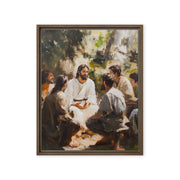 Religious art depicting teaching scene in natural setting, framed canvas print titled Words of Jesus, painted in expressive brushstrokes