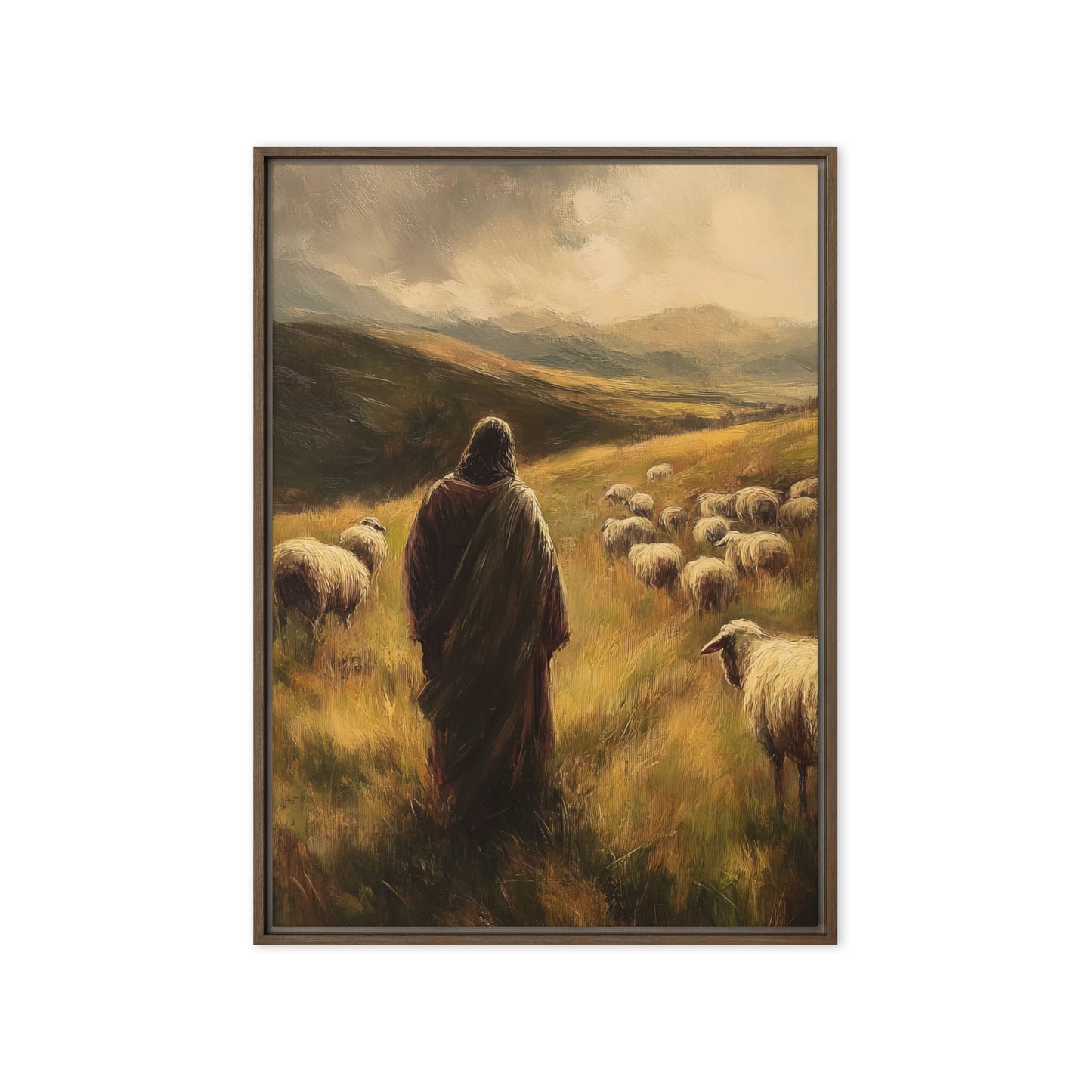 Jesus and His Herd - Framed Canvas Print    Unframed Canvas / 8″×10″-Unframed Canvas / 9″×12″-Unframed Canvas / 11″×14″-Unframed Canvas / 12″×12″-Unframed Canvas / 12″×16″-Unframed Canvas / 12″×18″-Unframed Canvas / 16″×16″-Unframed Canvas / 16″×20″-Unframed Canvas / 18″×24″-Unframed Canvas / 20″×28″ 