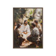 Words of Jesus Framed Canvas Print showing a serene outdoor teaching scene with disciples gathered around in natural lighting