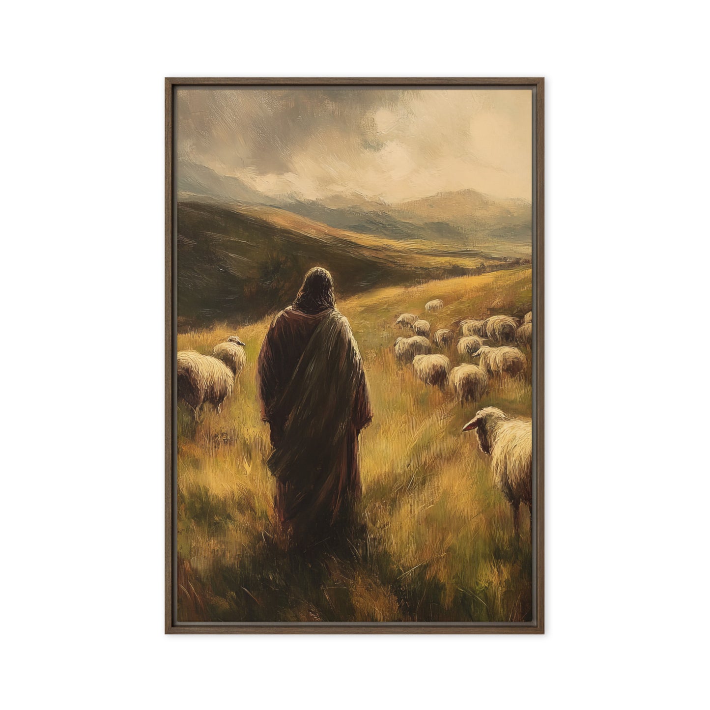 Jesus and His Herd - Framed Canvas Print    Unframed Canvas / 8″×10″-Unframed Canvas / 9″×12″-Unframed Canvas / 11″×14″-Unframed Canvas / 12″×12″-Unframed Canvas / 12″×16″-Unframed Canvas / 12″×18″-Unframed Canvas / 16″×16″-Unframed Canvas / 16″×20″-Unframed Canvas / 18″×24″-Unframed Canvas / 20″×28″ 