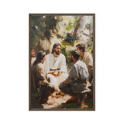 Words of Jesus framed canvas print showing a serene outdoor teaching scene in earth tones with gathered listeners