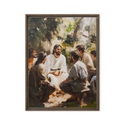 Words of Jesus framed canvas print showing a peaceful gathering outdoors with people seated in a circle listening intently