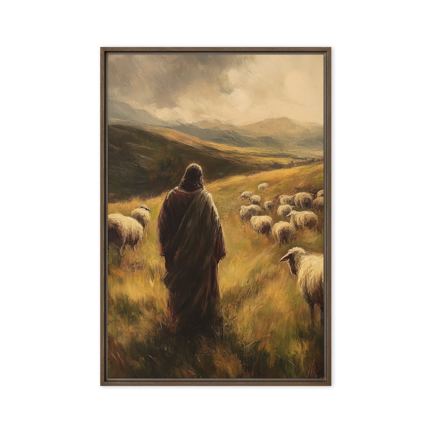 Jesus and His Herd - Framed Canvas Print    Unframed Canvas / 8″×10″-Unframed Canvas / 9″×12″-Unframed Canvas / 11″×14″-Unframed Canvas / 12″×12″-Unframed Canvas / 12″×16″-Unframed Canvas / 12″×18″-Unframed Canvas / 16″×16″-Unframed Canvas / 16″×20″-Unframed Canvas / 18″×24″-Unframed Canvas / 20″×28″ 