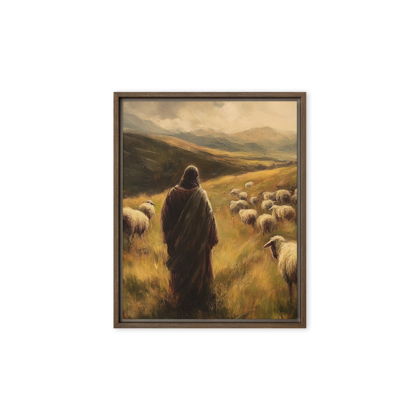Jesus and His Herd - Framed Canvas Print    Unframed Canvas / 8″×10″-Unframed Canvas / 9″×12″-Unframed Canvas / 11″×14″-Unframed Canvas / 12″×12″-Unframed Canvas / 12″×16″-Unframed Canvas / 12″×18″-Unframed Canvas / 16″×16″-Unframed Canvas / 16″×20″-Unframed Canvas / 18″×24″-Unframed Canvas / 20″×28″ 