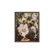 Words of Jesus framed canvas print depicting a spiritual teaching scene in an outdoor setting with warm earthy tones and wooden frame
