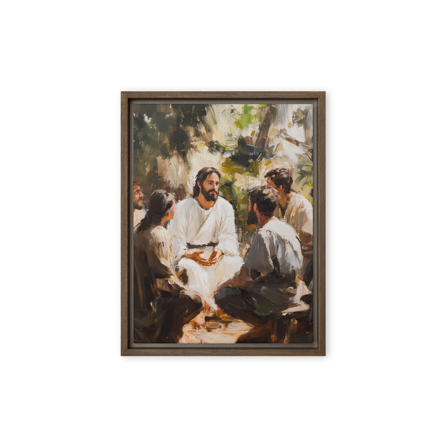 Words of Jesus framed canvas print showing an artistic depiction of spiritual teaching in an outdoor setting with natural light