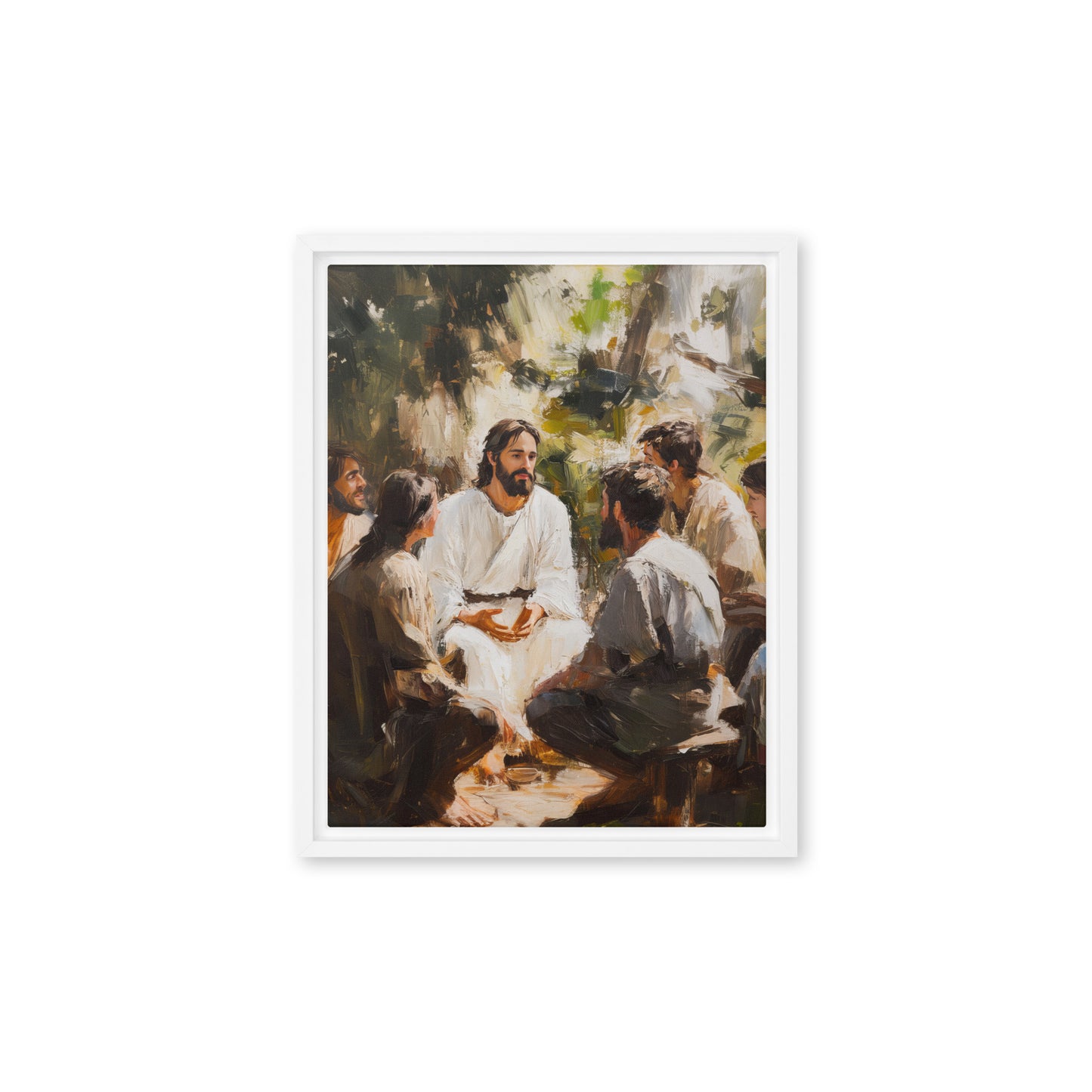 A framed canvas print showing a spiritual teaching scene outdoors, painted in warm earthy tones depicting Words of Jesus artwork