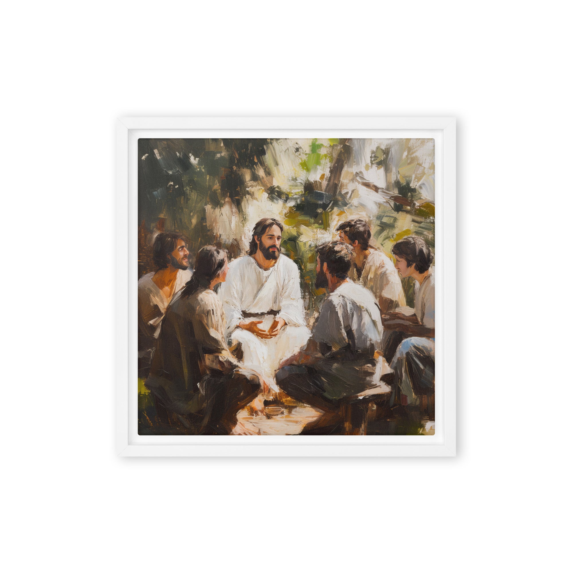 Words of Jesus framed canvas print showing a religious painting of teaching moment in outdoor setting with disciples gathered around