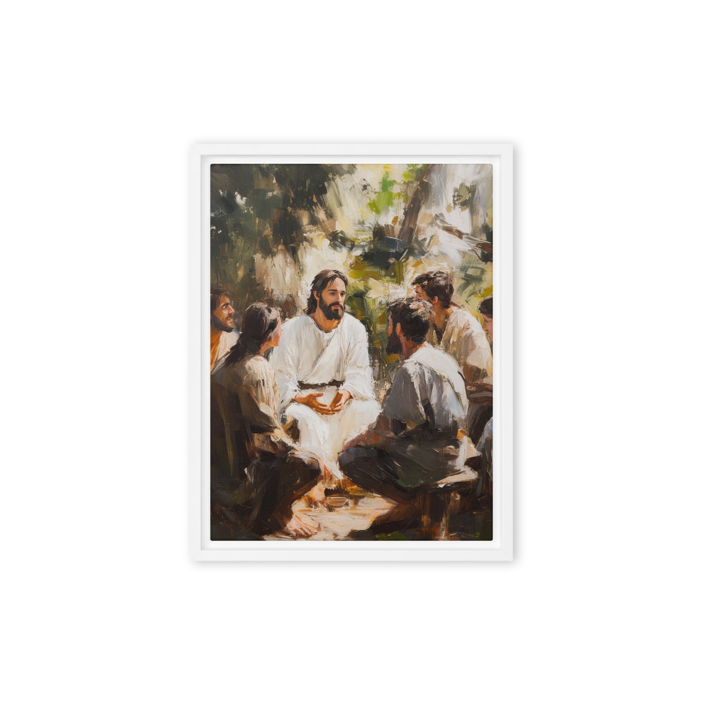 Words of Jesus framed canvas print showing a spiritual scene of teaching outdoors in a serene natural setting with gathered listeners