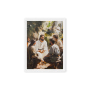Words of Jesus framed canvas print showing a spiritual scene of teaching outdoors in a serene natural setting with gathered listeners