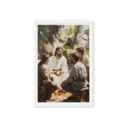 Words of Jesus framed canvas print showing a peaceful outdoor gathering under trees with people sitting and listening
