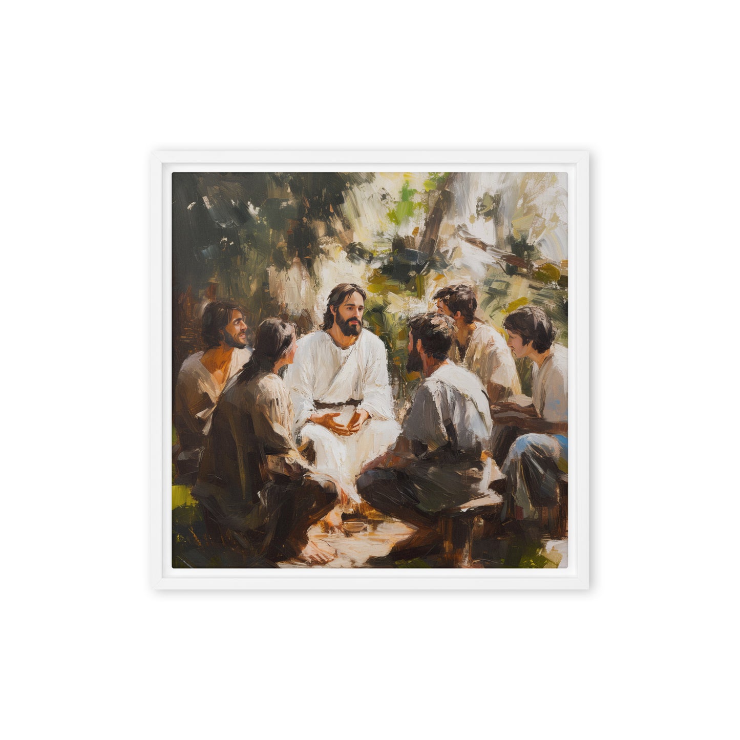 Words of Jesus Framed Canvas Print showing a gathering outdoors with people seated in white robes during spiritual teaching