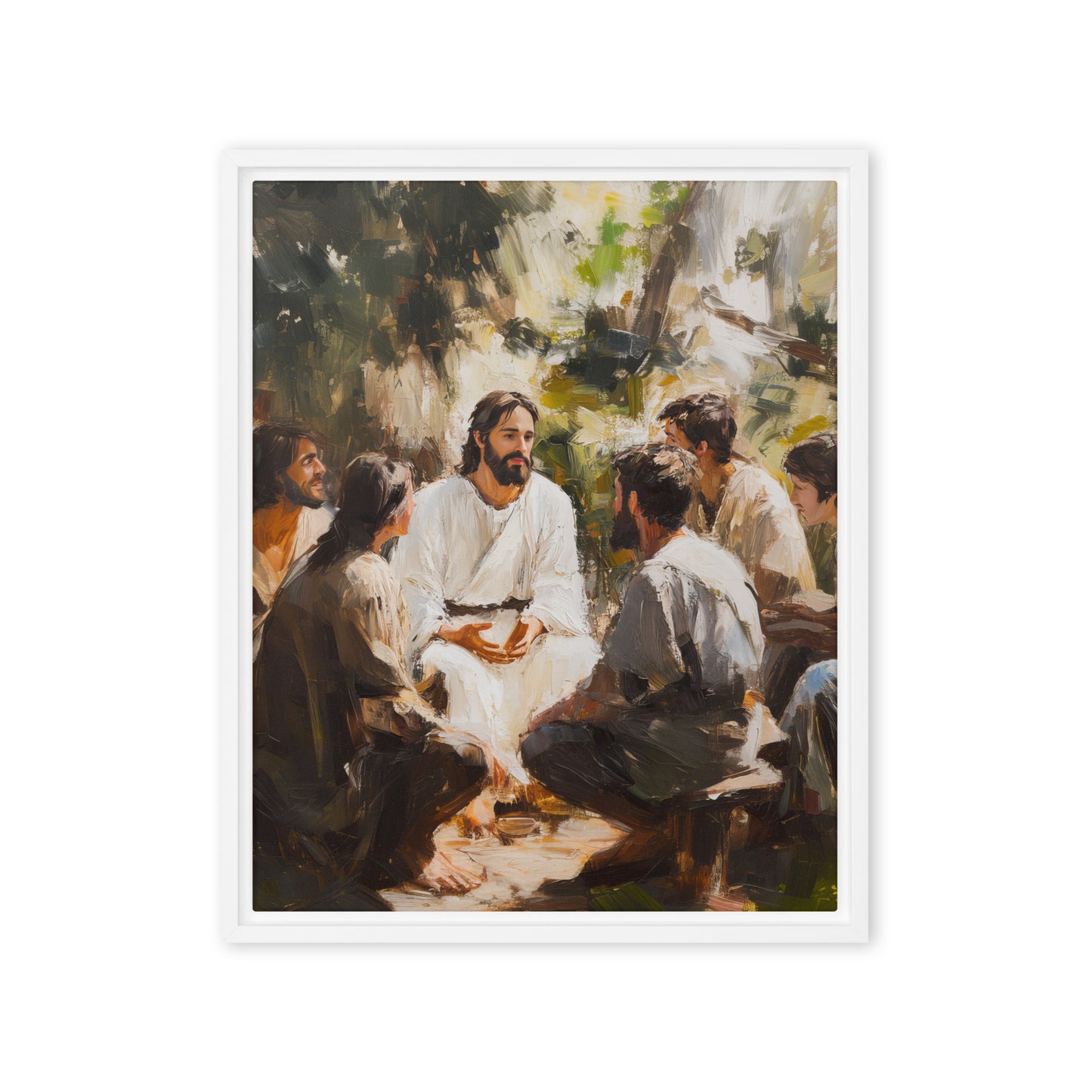 Religious artwork showing a teaching scene outdoors with gathered listeners, Words of Jesus Framed Canvas Print in white frame