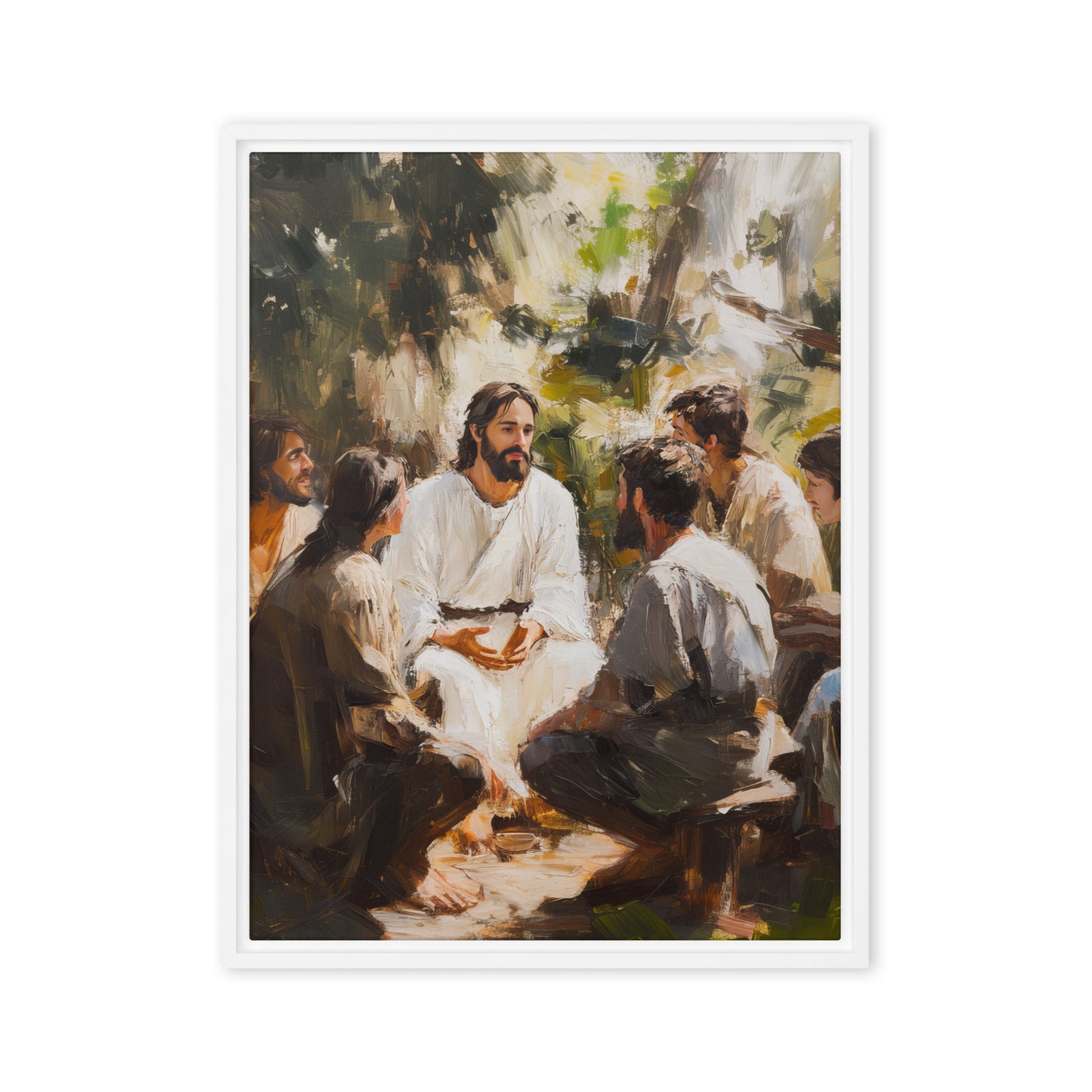 Framed canvas print showing a teaching scene outdoors with figures gathered in white and earth-toned clothing under trees