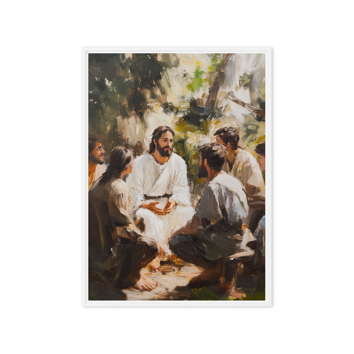 Words of Jesus framed canvas print showing a teacher in white robes seated outdoors with listeners gathered around in peaceful discussion