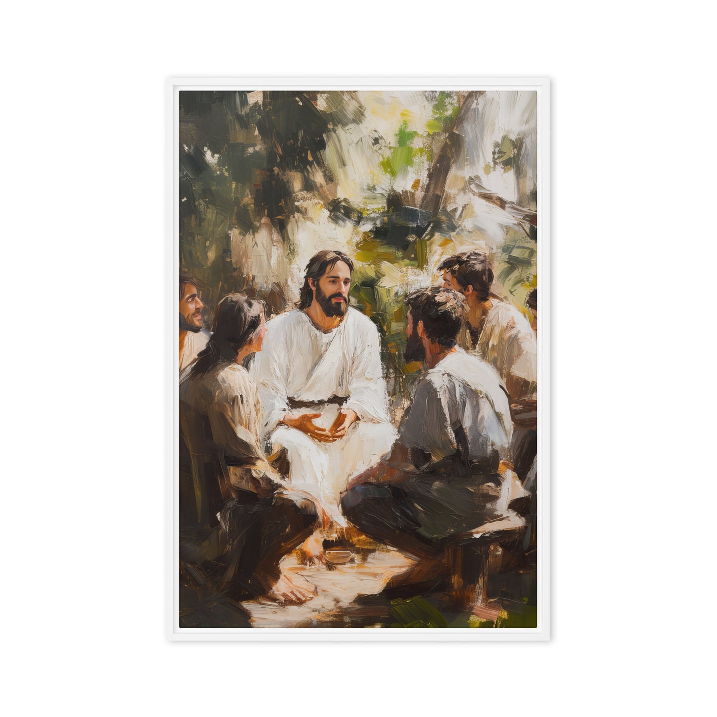 Religious artwork depicting a teaching scene in nature, framed canvas print titled Words of Jesus with subtle earth tones