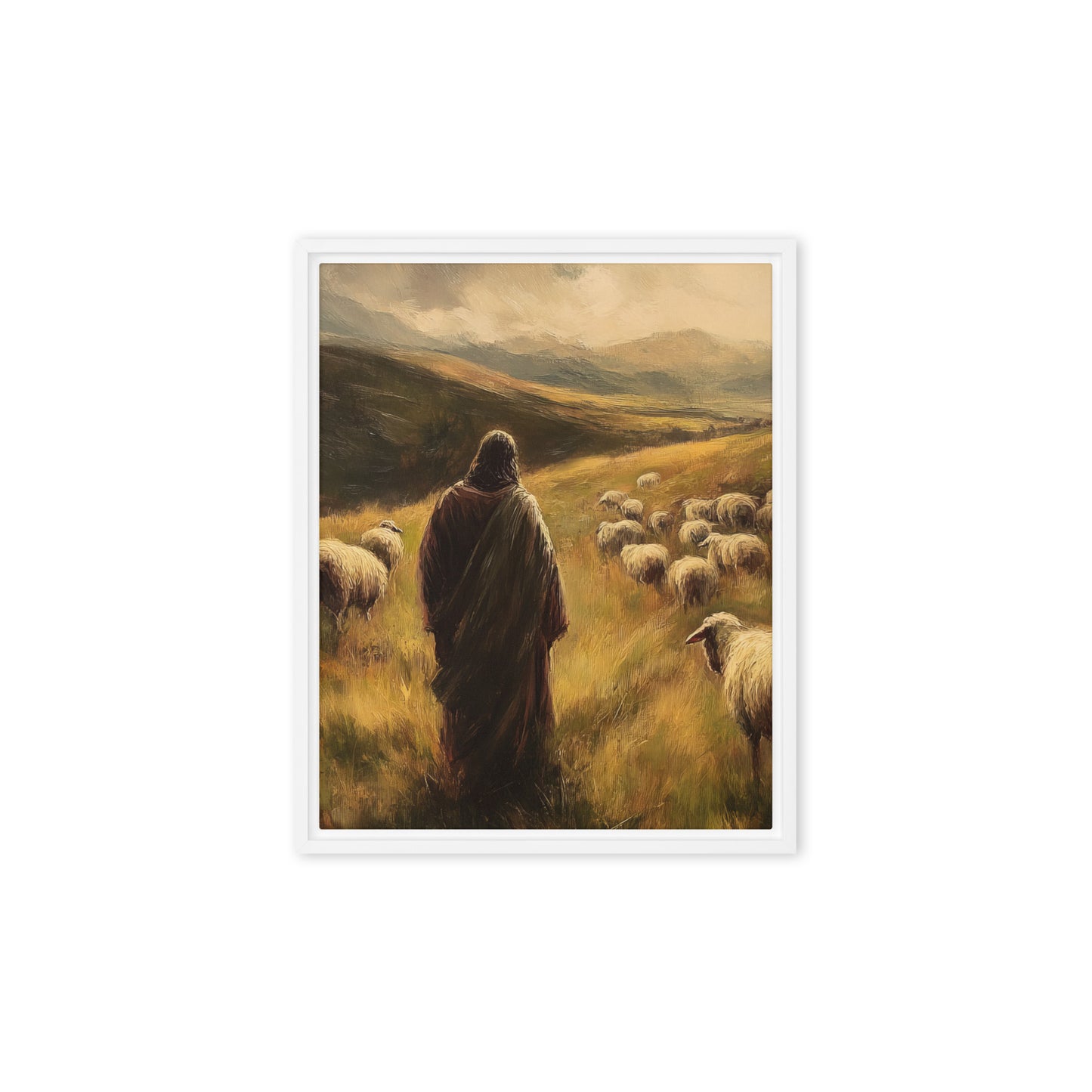 Jesus and His Herd - Framed Canvas Print    Unframed Canvas / 8″×10″-Unframed Canvas / 9″×12″-Unframed Canvas / 11″×14″-Unframed Canvas / 12″×12″-Unframed Canvas / 12″×16″-Unframed Canvas / 12″×18″-Unframed Canvas / 16″×16″-Unframed Canvas / 16″×20″-Unframed Canvas / 18″×24″-Unframed Canvas / 20″×28″ 