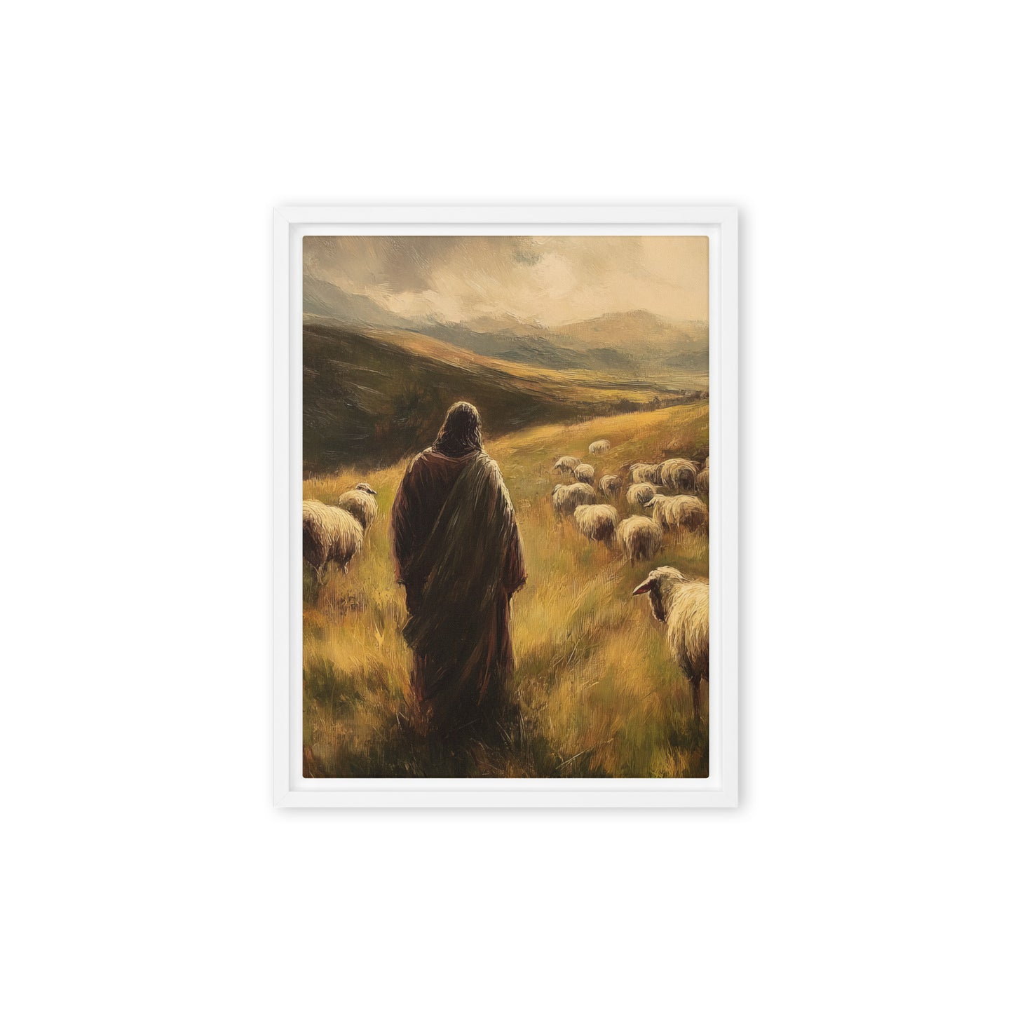 Jesus and His Herd - Framed Canvas Print    Unframed Canvas / 8″×10″-Unframed Canvas / 9″×12″-Unframed Canvas / 11″×14″-Unframed Canvas / 12″×12″-Unframed Canvas / 12″×16″-Unframed Canvas / 12″×18″-Unframed Canvas / 16″×16″-Unframed Canvas / 16″×20″-Unframed Canvas / 18″×24″-Unframed Canvas / 20″×28″ 