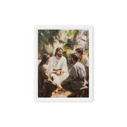 A framed canvas print depicting a teaching scene in a natural outdoor setting with Words of Jesus inspirational artwork