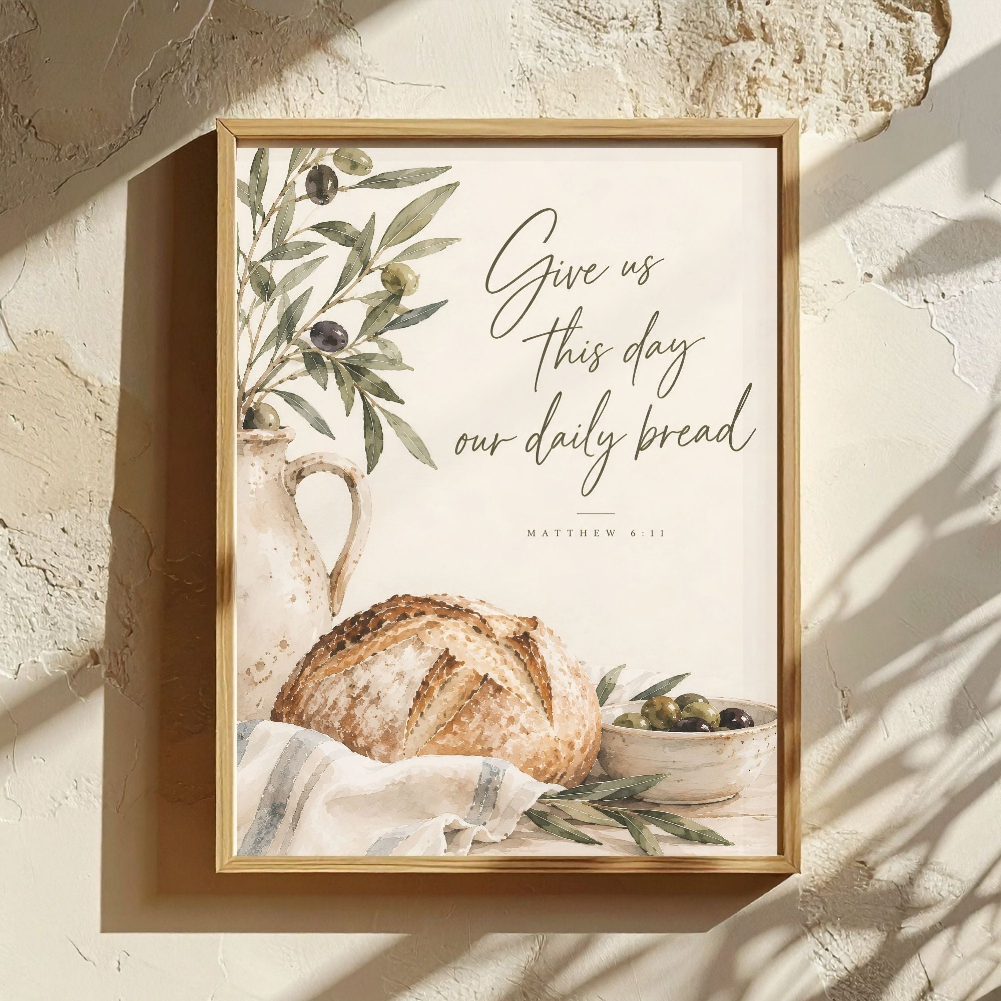 Give Us This Day Watercolor Bread & Olives | Matthew 6:11 Christian Wall Art
