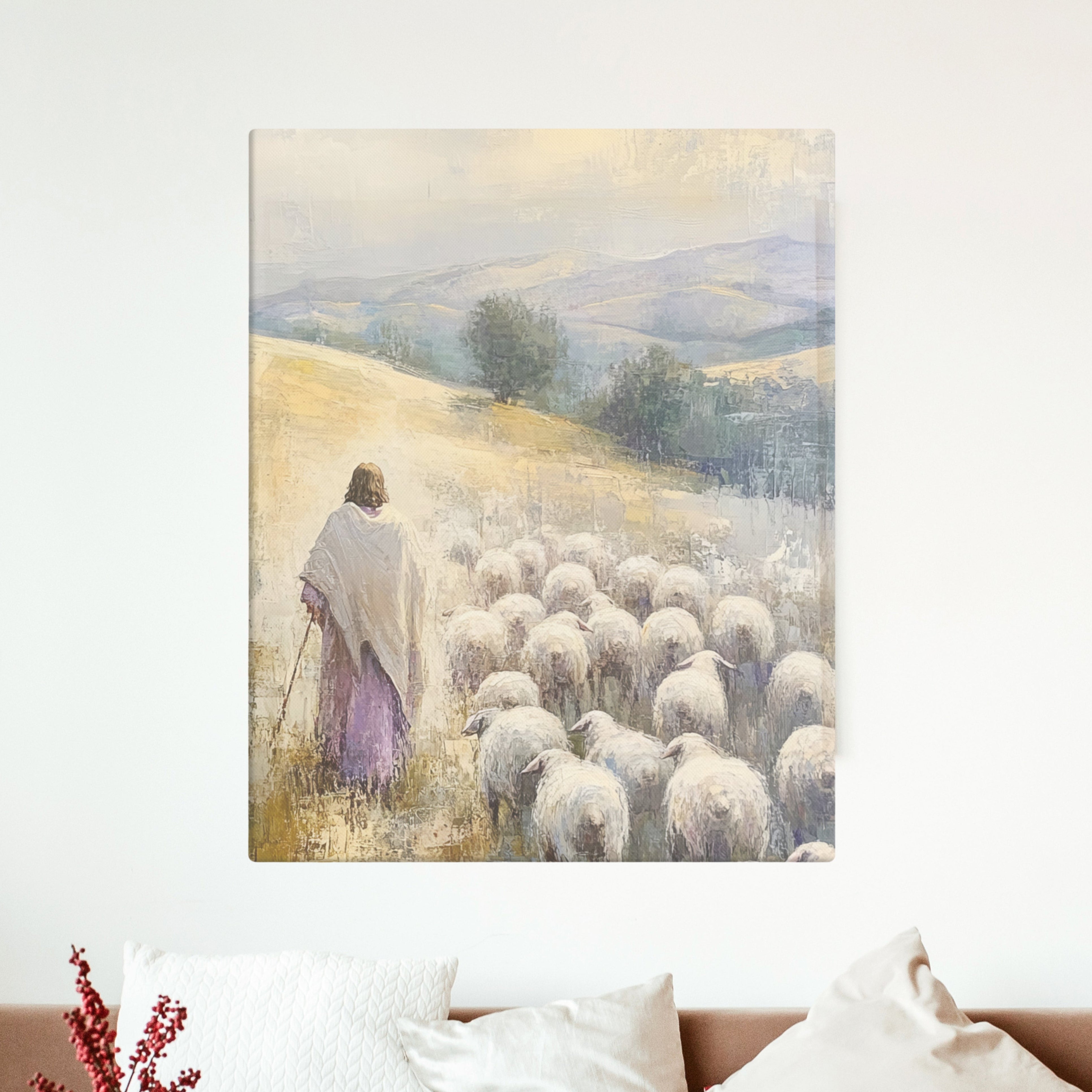 Jesus and His Herd - Colorful Framed Canvas Print