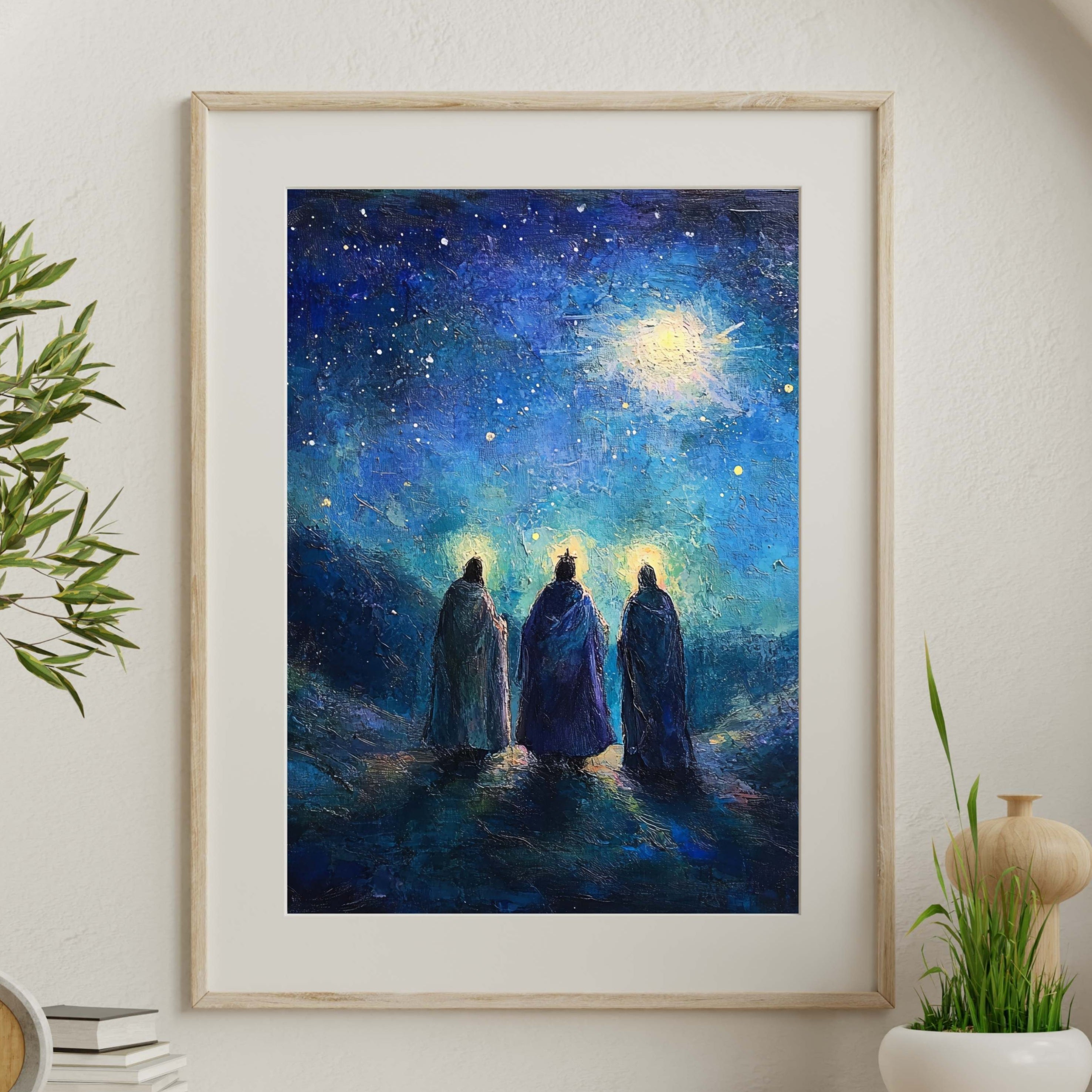 Three Kings Under A Starry Night - Framed Canvas Print