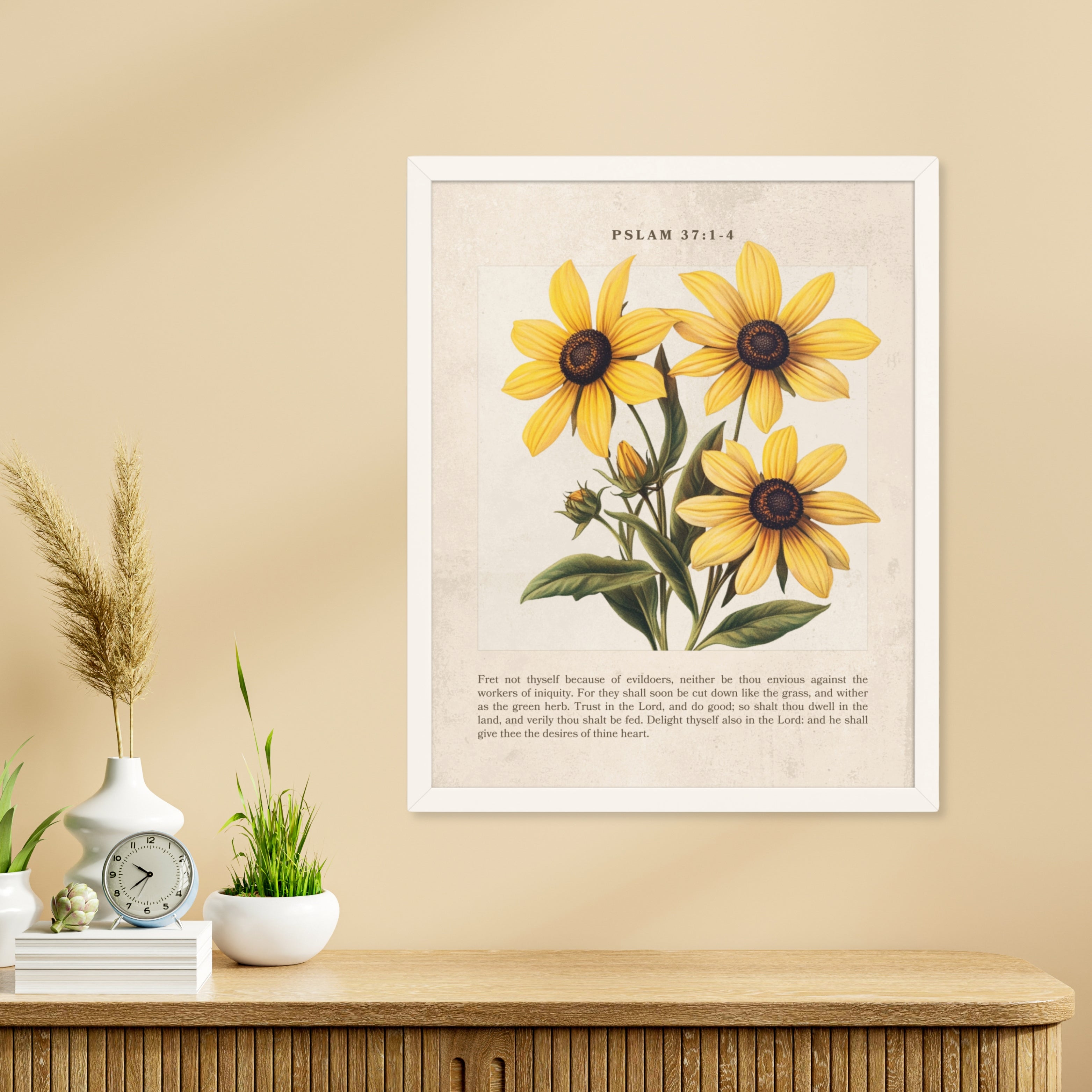Psalm 37 1-4 Vintage Colorful Floral On Beige Background