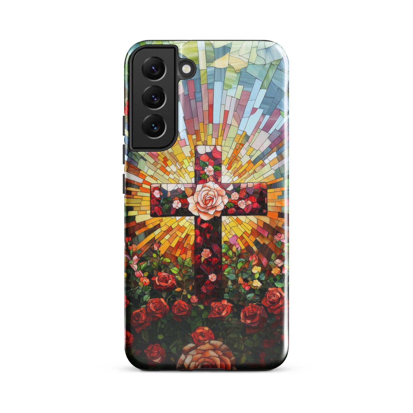 Cross of Roses - Stained Glass Style Artwork - Tough Case for iPhone and Samsung