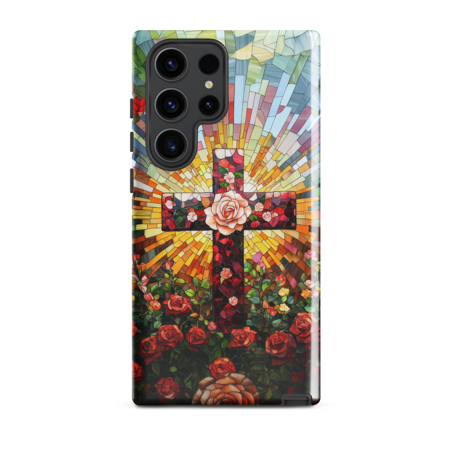 Cross of Roses - Stained Glass Style Artwork - Tough Case for iPhone and Samsung