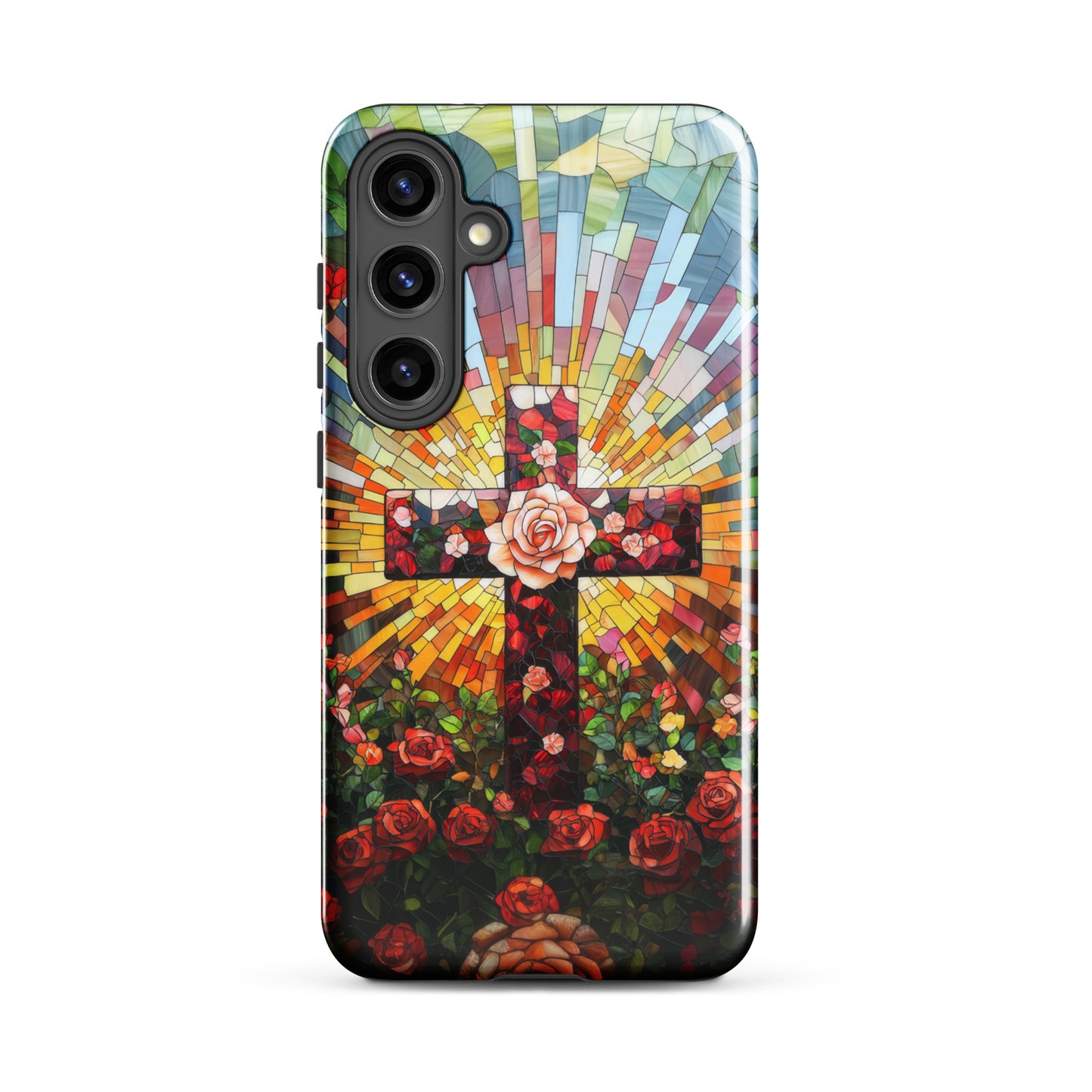 Cross of Roses - Stained Glass Style Artwork - Tough Case for iPhone and Samsung