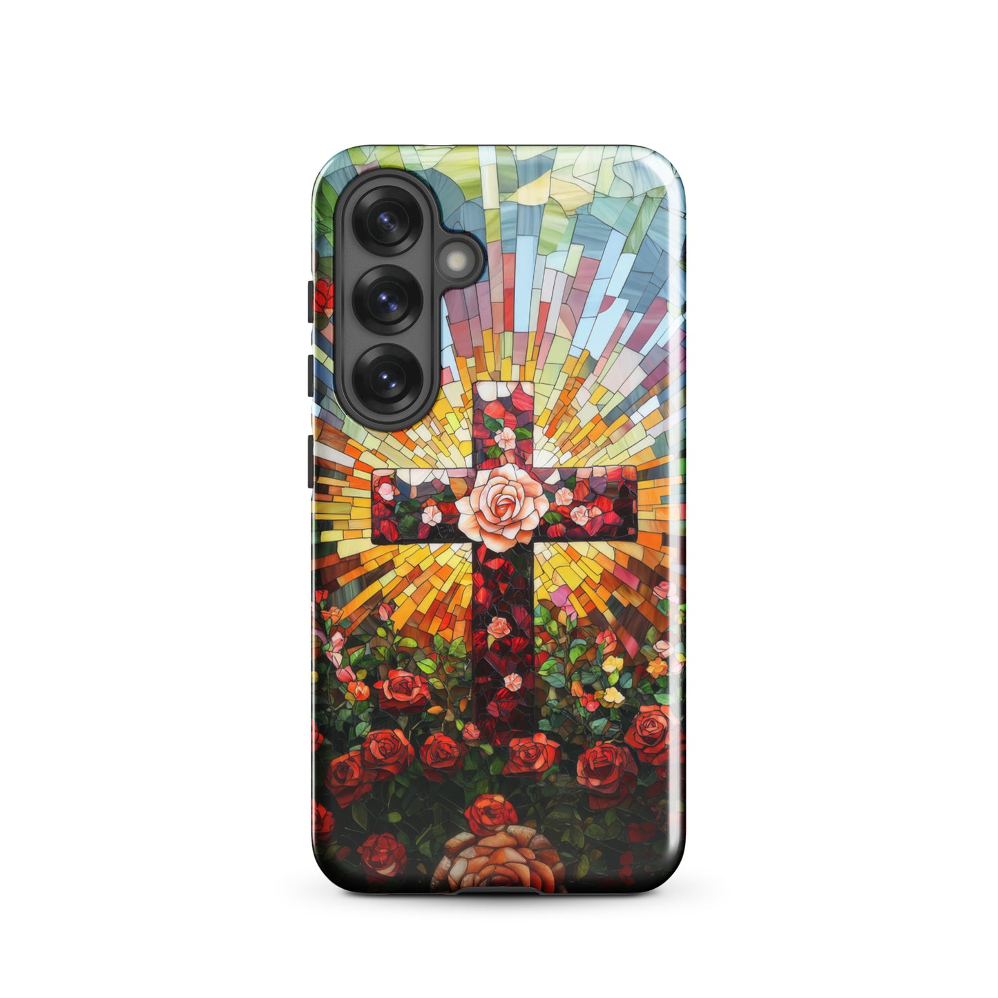 Cross of Roses - Stained Glass Style Artwork - Tough Case for iPhone and Samsung