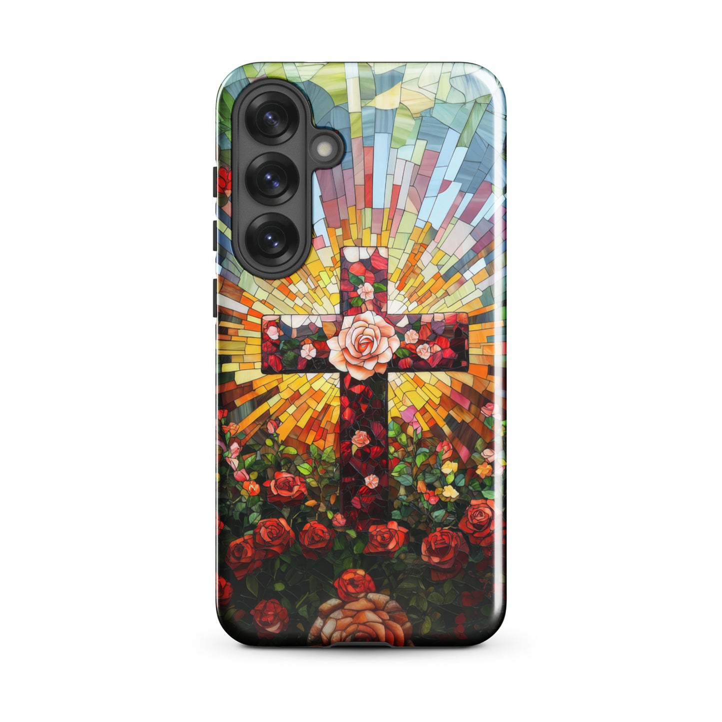 Cross of Roses - Stained Glass Style Artwork - Tough Case for iPhone and Samsung
